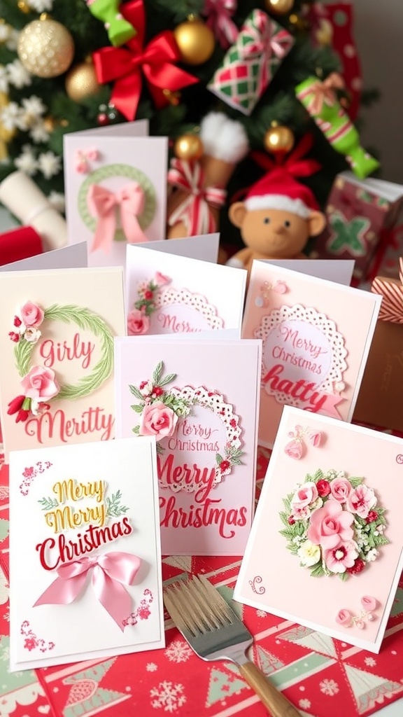 Handmade girly Christmas cards with floral designs and pastel colors on a festive table.